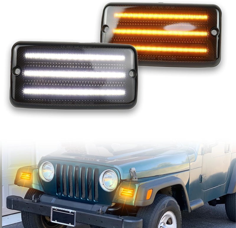 ZDEERAOTO مجموعة مصابيح إشارة الانعطاف الأمامية LED ومصابيح علامة الجانب البرتقالية لسيارة جيب رانجلر TJ 1997-2006، مصابيح تشغيل نهارية فائقة السطوع، عدسات مدخنة لمصابيح علامة الجانب، 2 قطعة - Image 1
